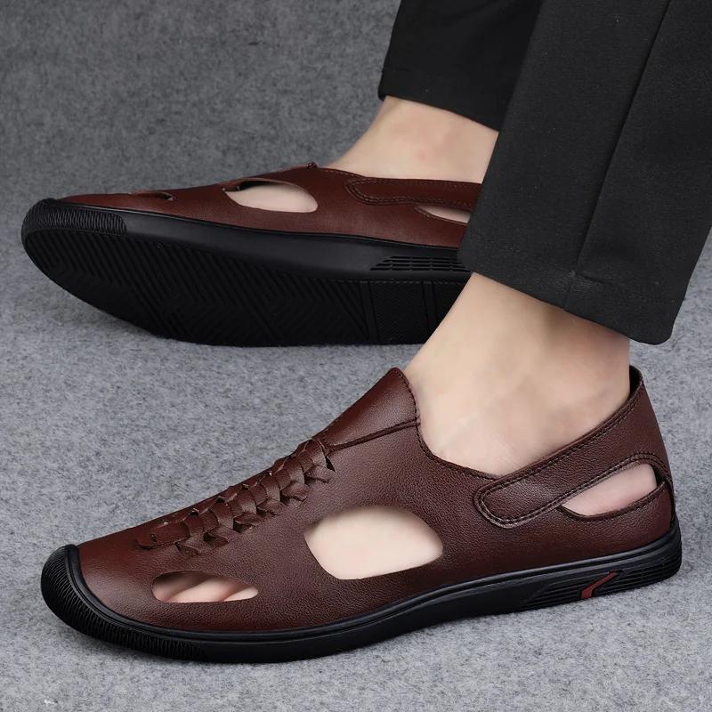 Fashion Summer Business Men's Sandals Toe Wrapped Sandals Leather Soft Casual Shoes Hollow Out Beach Sandals Comfortable Male Sandalia