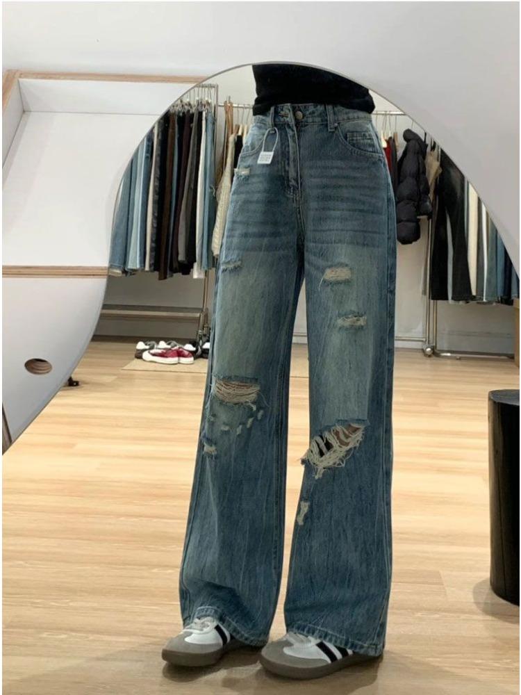 

Design Sense Broken Holes High-waisted Straight Wide-leg Jeans Female Summer Big Size High Street Skinny Trailing Pants Retro Jeans for Ladies 4XL