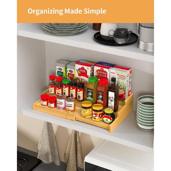 Spice Rack Organizer, 3 Tier Expandable Bamboo Spice Rack Organizer, Great for Kitchen Cabinet, Cupboard, Pantry and More-Bamboo