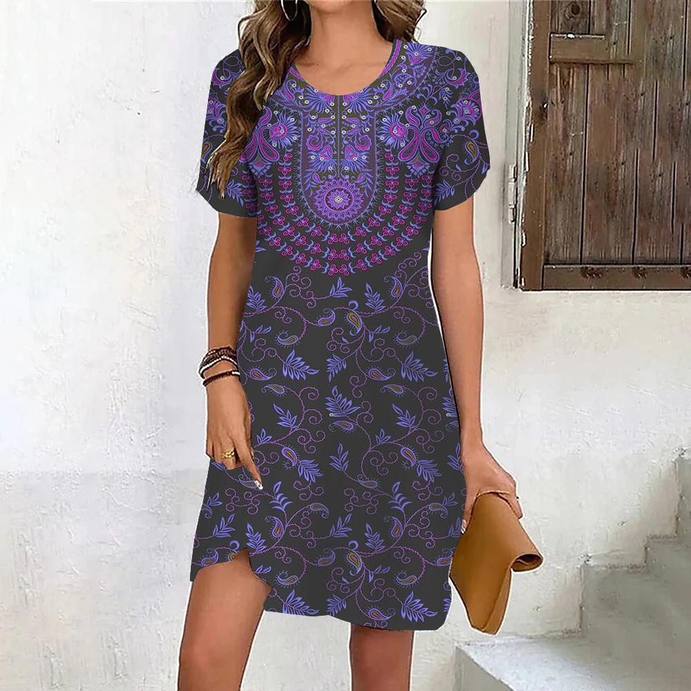 Lässig Elegant Ethnischer Stil Retro 3D-Druck Rundhals Kleid Sommer Damenkleid Kurzarm