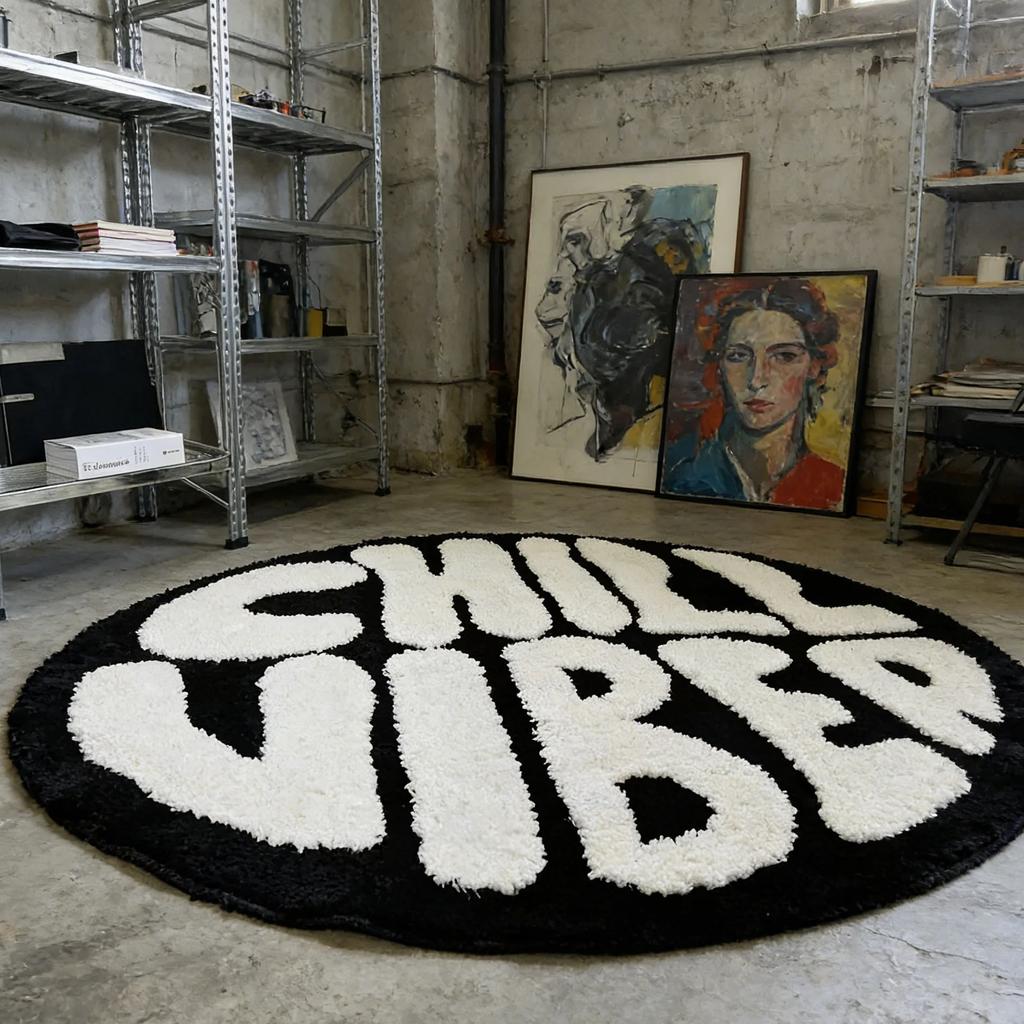 Soft Fluffy round Tufted Rug with Letters Aesthetic Bedside Carpet Anti-Slip Floor Mat for Bedroom Sofa Living Room Home Decor