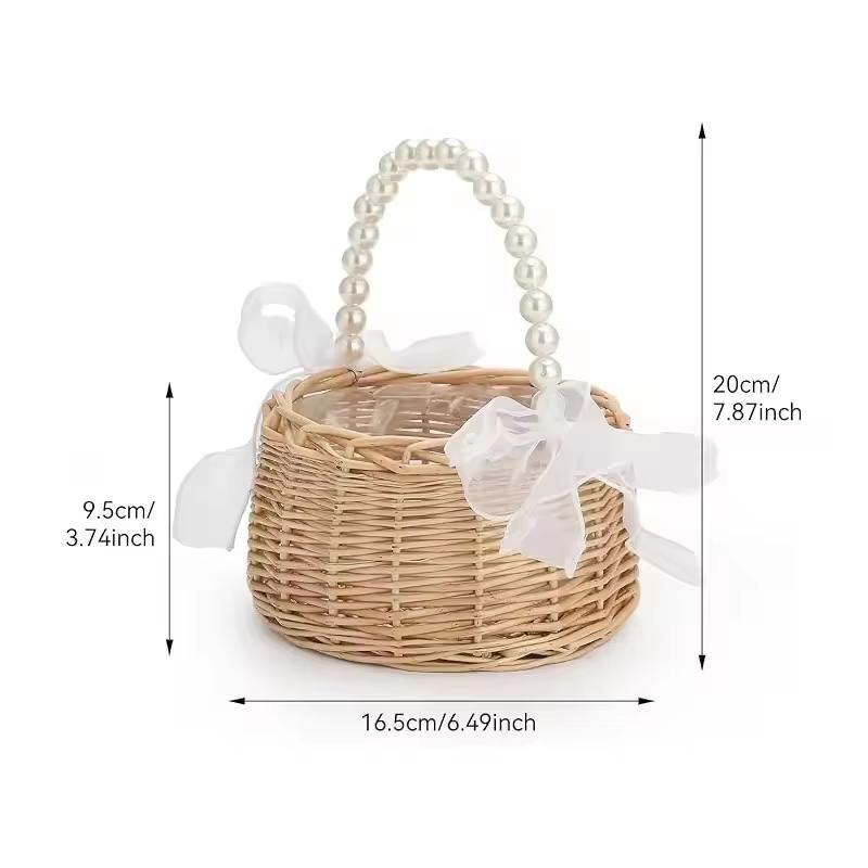 Handwoven Basket With Pearl Handle Wicker Rattan Picnic Natural Woven Storage Basket Wedding Birthday Party Flower Basket Decor