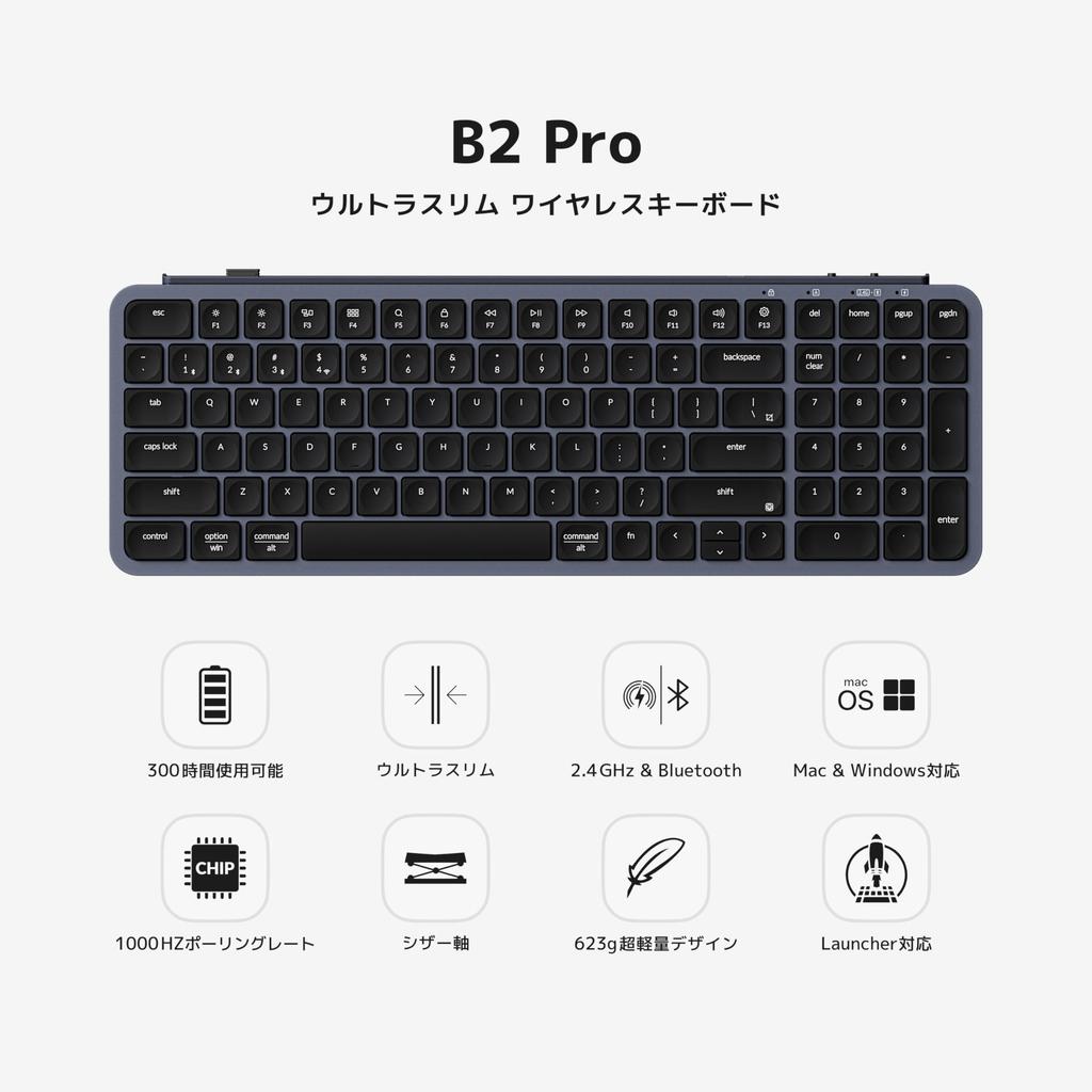 Keychron B2 Pro Wireless Keyboard with Numeric US ZMK Launcher Space Gray Ultra-Slim 96% Bluetooth/2.4GHz Keypad, Layout, Compatible,
