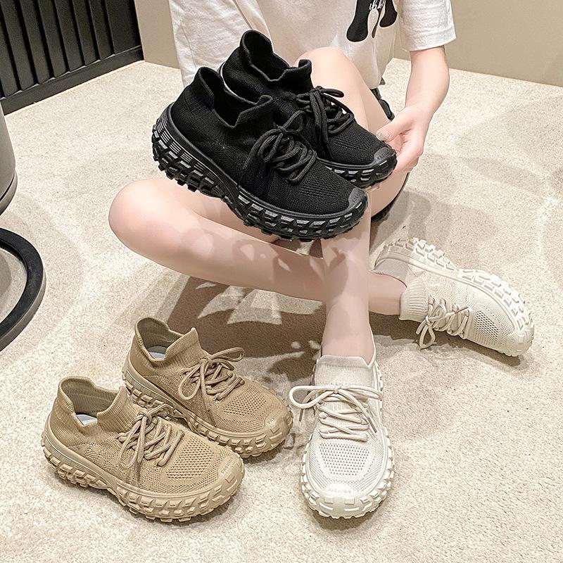 Autumn Fly-woven Mesh Women's Shoes Breathable Sports Shoes Deep-mouth Lace-up Muffin Bottom Casual Running Women's Shoes