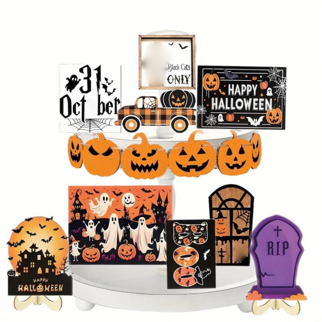 Halloween Packaging Tray Cat Pumpkin Castle Ornaments Wooden Crafts Holiday Ornaments