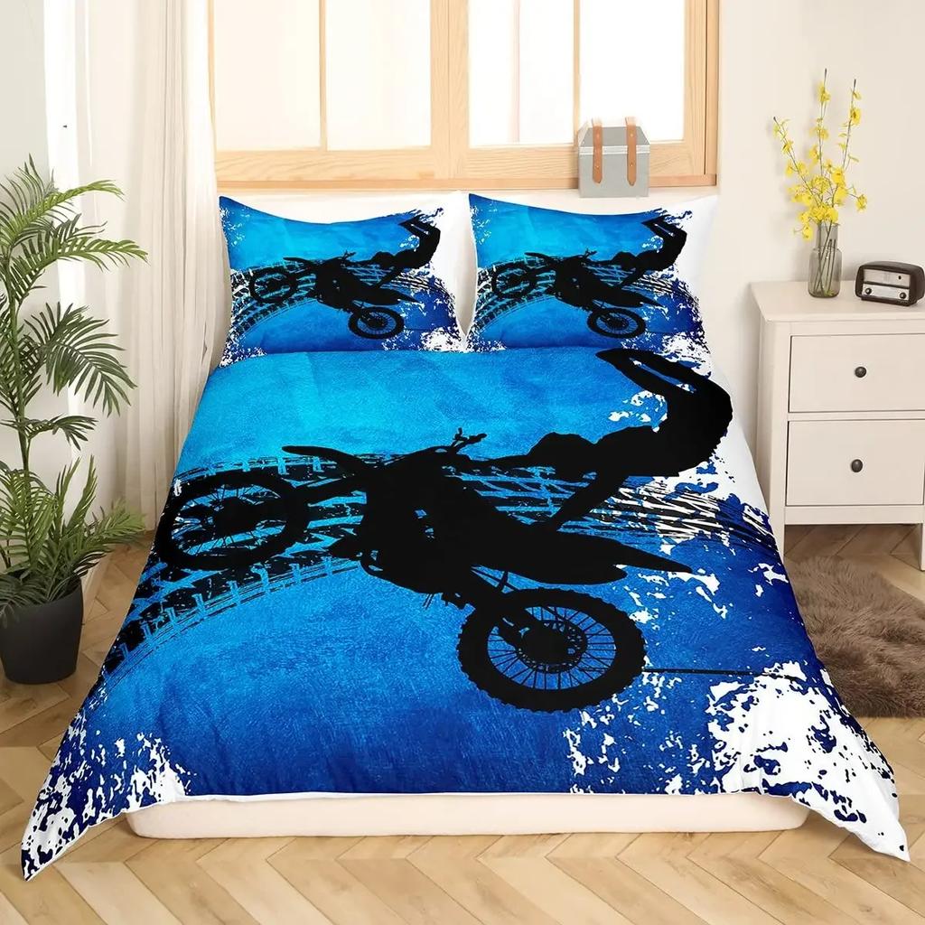 Luxury Bedding Set Motorcycle Print Queen Size Duvet Cover Set with Pillowcase Motocross Bedspread Boy's Bed Set for Home Decor