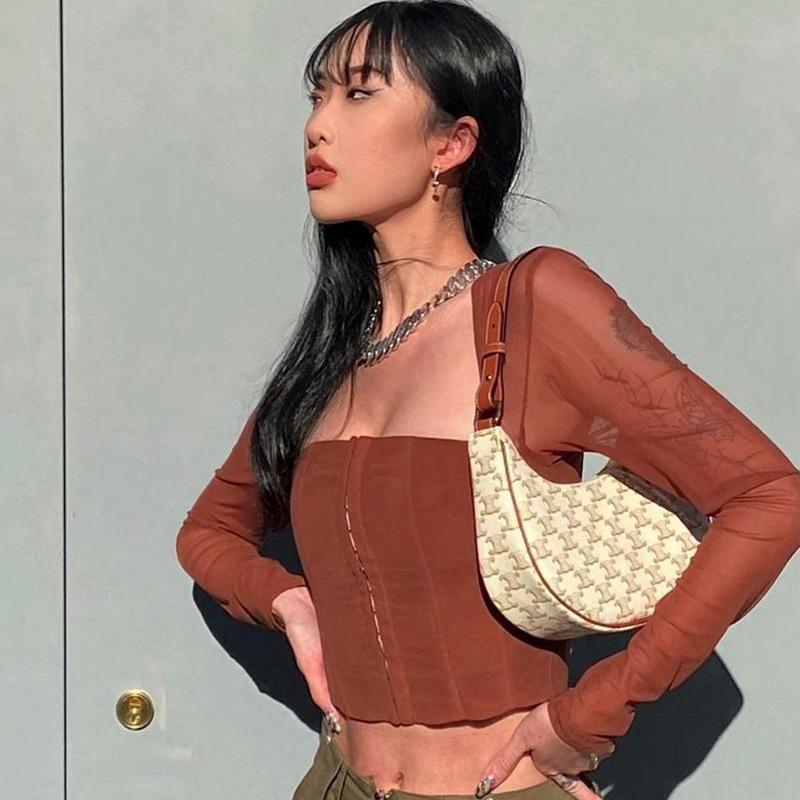 Y2K Summer Clothes Long Sleeve Mesh Tshirts for Women Crop Top Female T-shirt Women's T-shirt Roupas Femininas Tops T Shirt