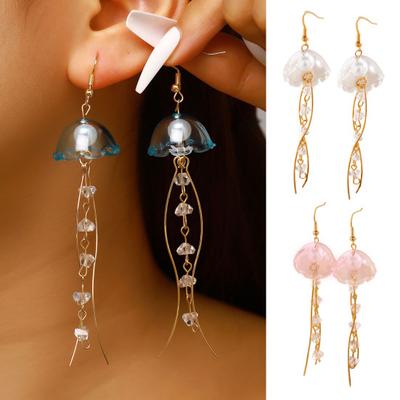 1 Pair Hook Earrings, Jellyfish Design Long Draped Tassel Earrings, Translucent Imitation Pearl Beads Drop Earrings for Beach Vacations Daily Wear