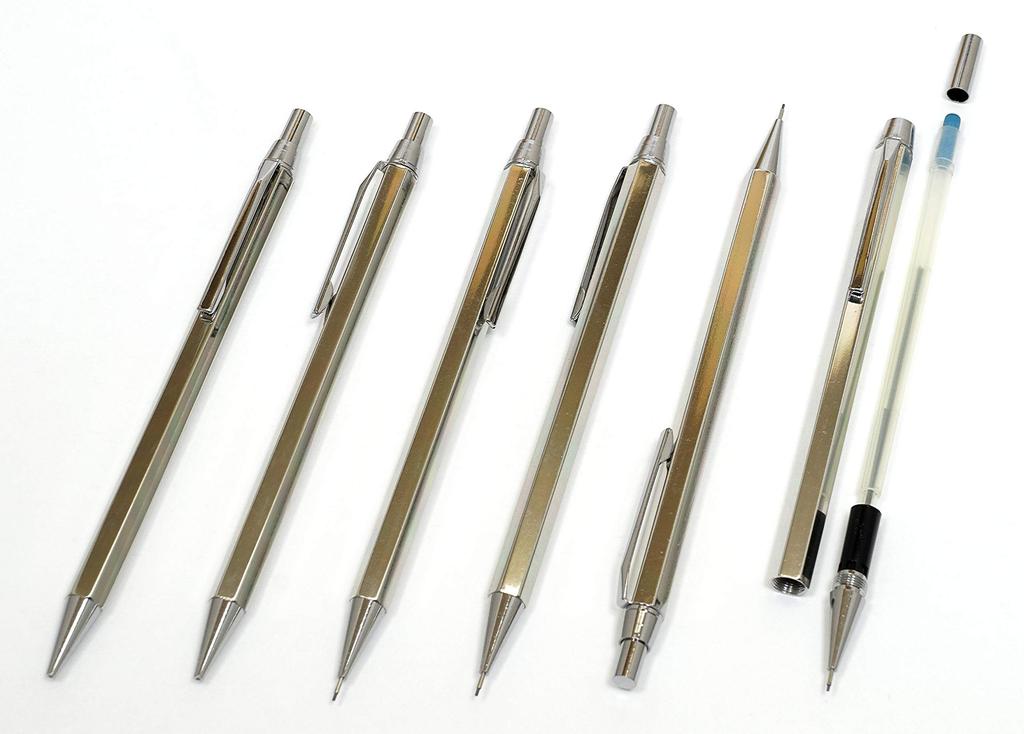Takizawa Z66 All-Silver Hexagonal Knock Metal Mechanical Pencil with Stylish Synthetic Leather Pen Case Set (3-Pack) T23-LS042-Z66SS-3