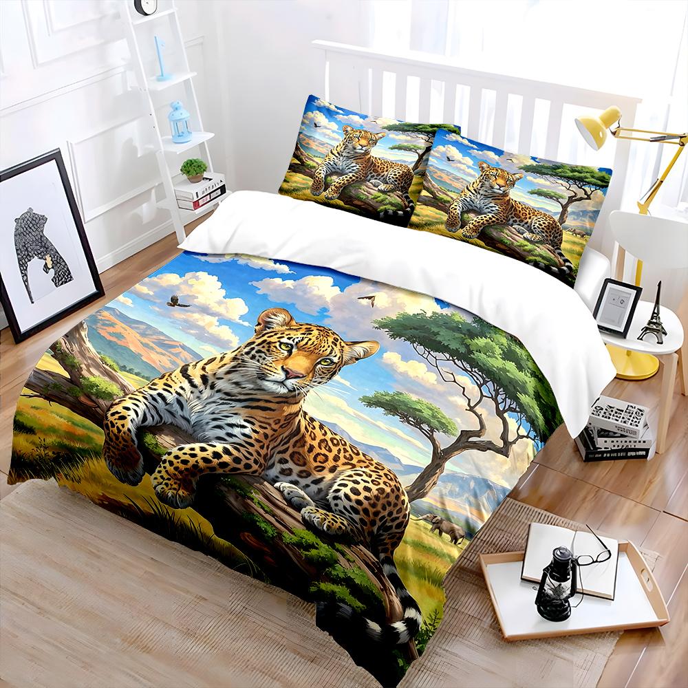 Rlaxed Leopard Resting On Branch Bedding Set For Kids Luxury Gift 3Pcs Digital Print Comforter Set Soft Comfortable Breathable