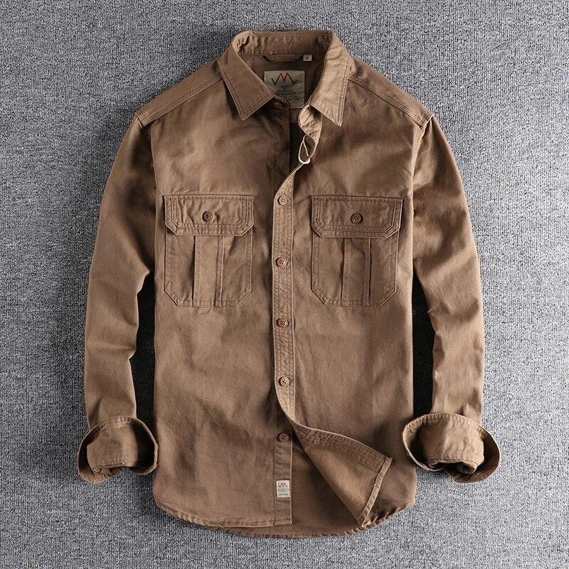Camisas de hombre Moda Lavado Estilo N Uniforme Camisa de manga larga Bolsillos dobles para hombre Chaqueta informal juvenil Abrigo fino