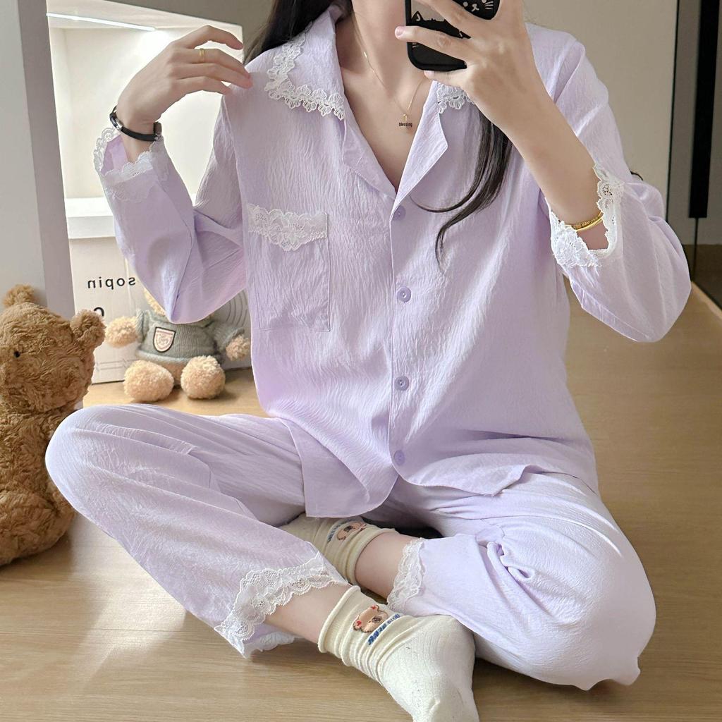 Women's Cloud Cotton Lace Pajama Cardigan Set - Spring & Autumn Collection