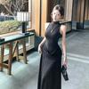 Feminine Celebrity New Sleeveless Vest Hip Dress Pleated Waist Thin Slit Long Dress