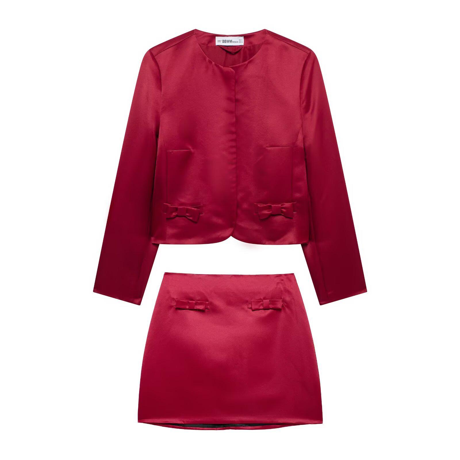

2024 Winter European & American Style Women s Satin Suit with Bow & Short Skirt M