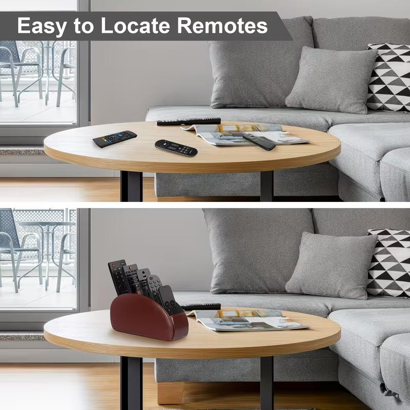 Remote Control Holder with 5 Compartments Faux Leather Desk Organizer TV Remote Storage Caddy Tabletop Holder for Living Room Office Home Use