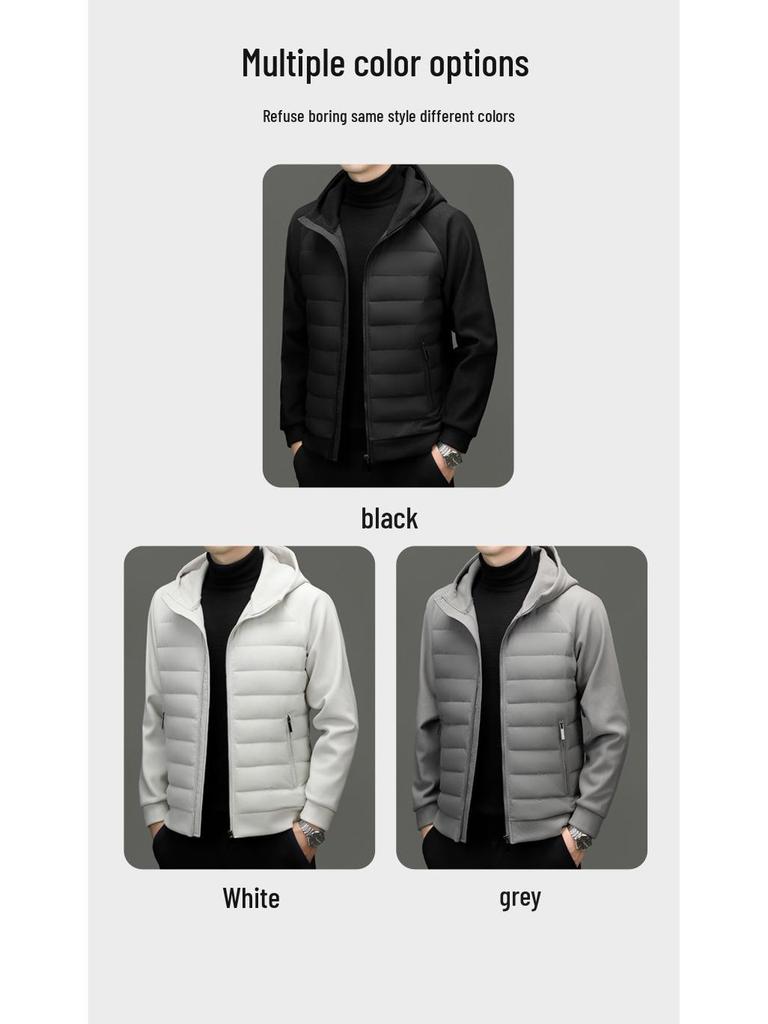 Men's Hooded Lightweight Down Jacket - Stylish Patchwork Short Coat for Fall and Winter Warmth