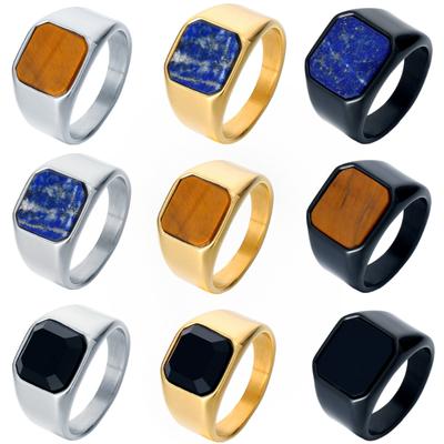 Bold Vintage Amber Stone Men's Ring Black Onyx Stainless Steel Square Hip-Hop Jewelry Gothic Punk Biker Accessory