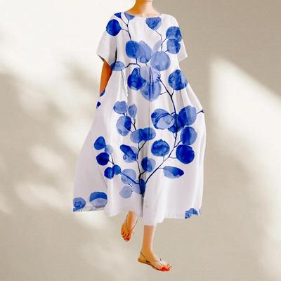 Short Sleeve Plus Size Cotton Vintage Floral New In Dresses for Women Casual Loose Long Summer Dress