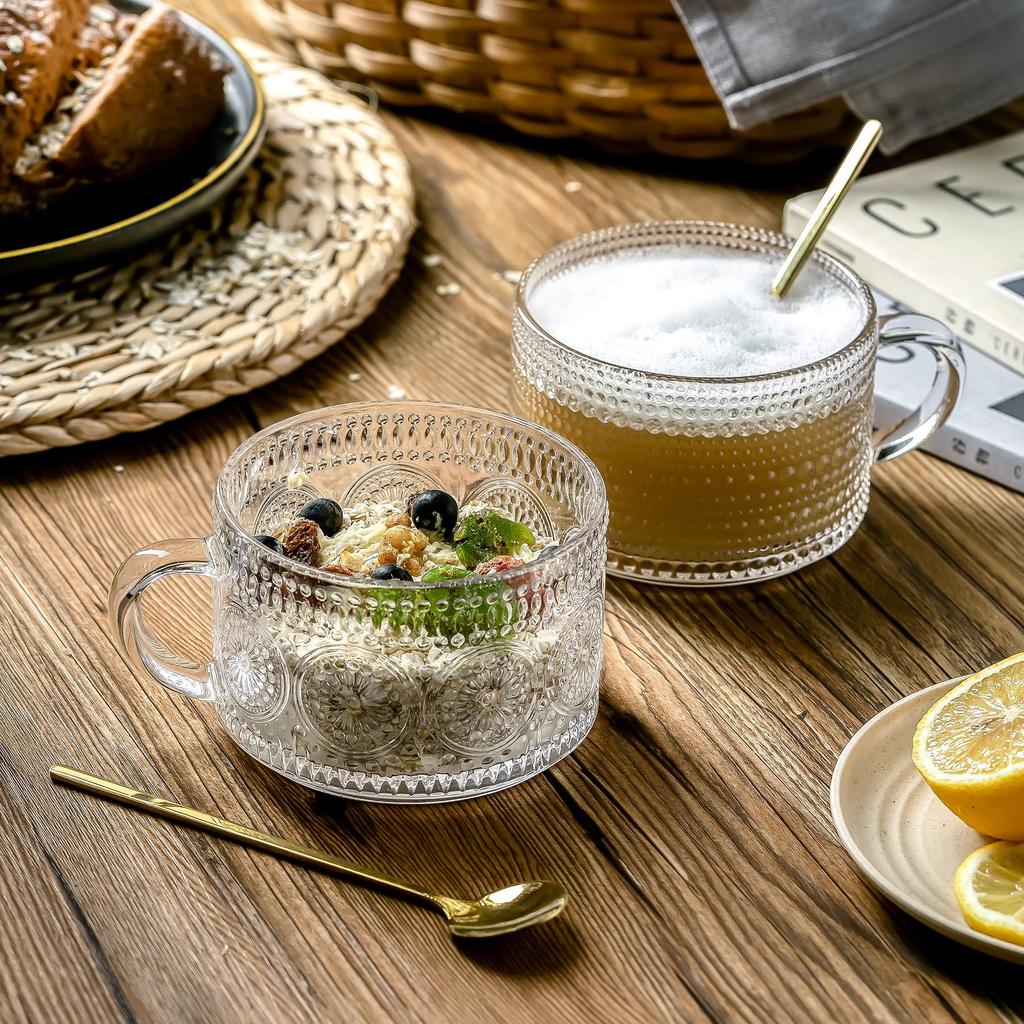 Kaffeetassen aus Glas im Vintage-Stil, 2er-Set – 14 oz klare geprägte Teetassen für Cappuccino, Latte, Müsli, Joghurt, Getränke