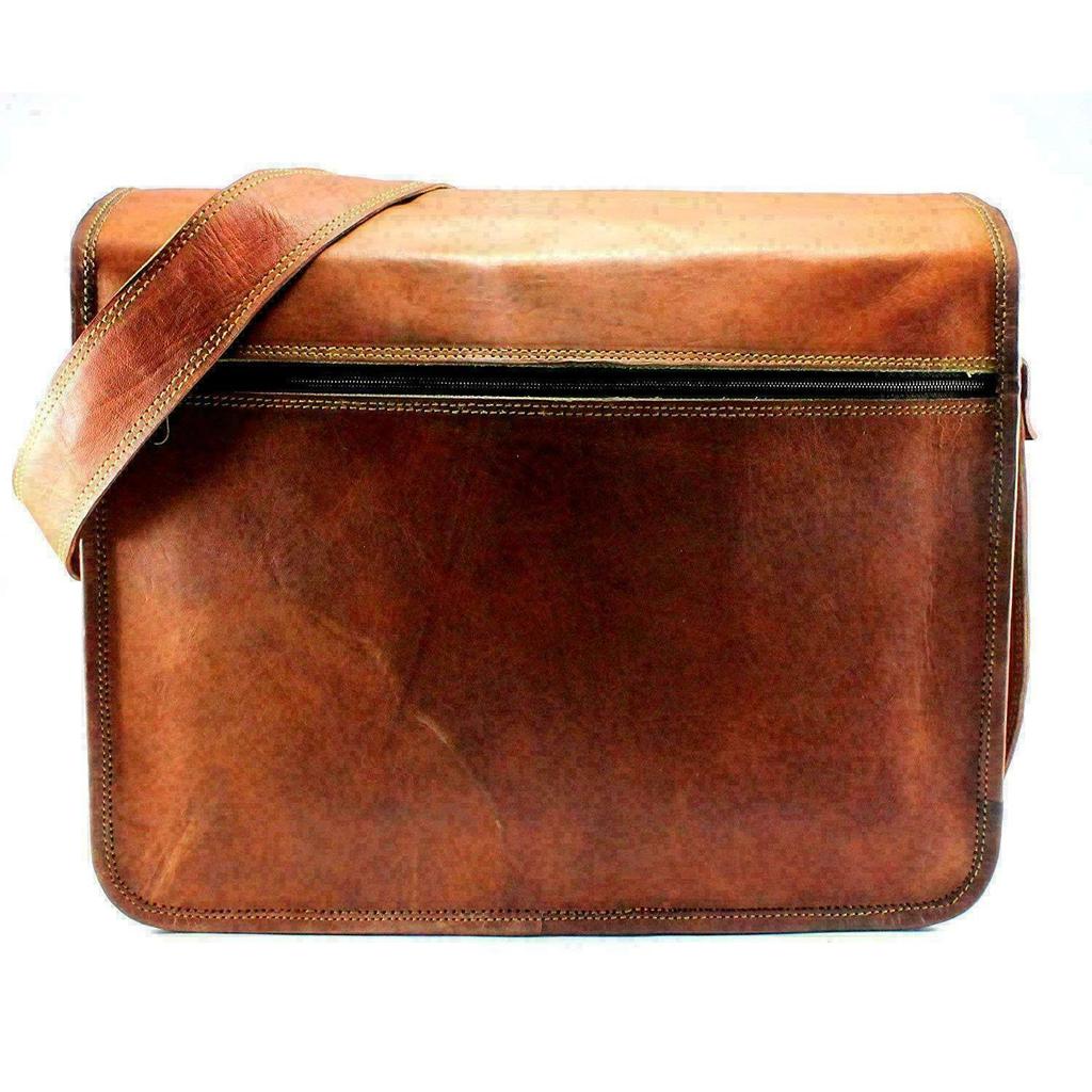 Large Real Goat Leather Vintage Brown Messenger Shoulder Laptop Bag Briefcase