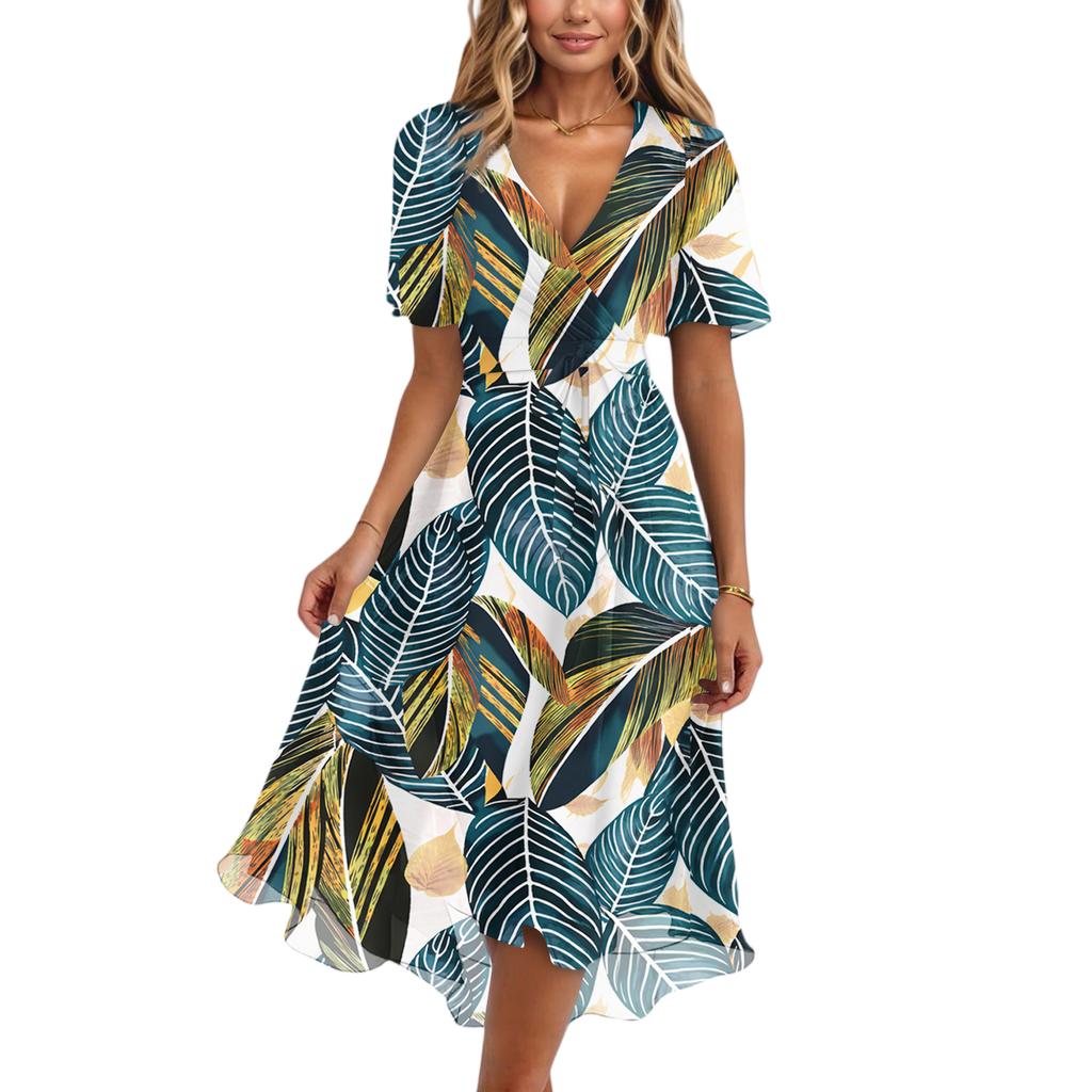 Dámské módní ležérní šaty s výstřihem do V, krátkým rukávem, volánky a vintage potiskem