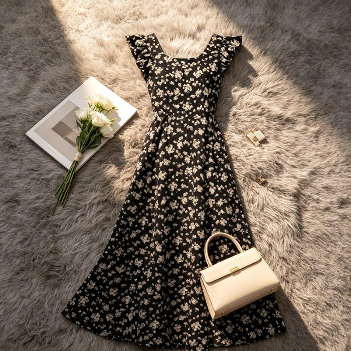 Retro black floral dress women s spring summer new temperament thin medium and long ruffle edge skirt S