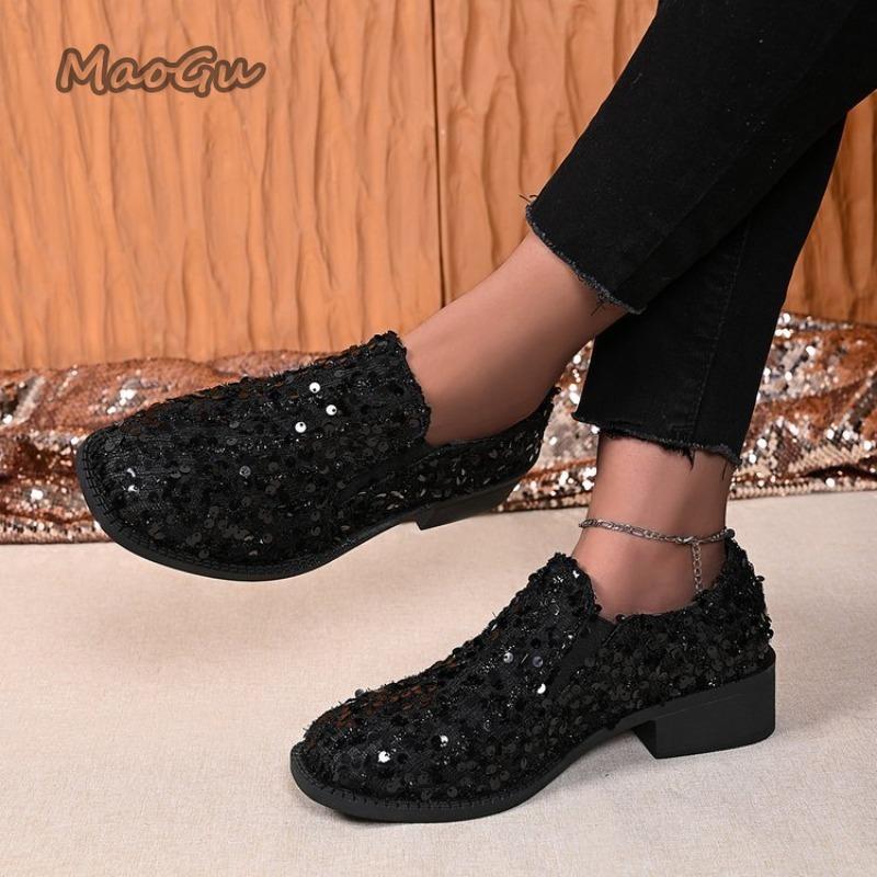 Black Sequins Women's Loafers Slip-on Mid-heel Pumps Fashion Casual Mary Janes Autumn Versatile Ladies Shoes Zapatos De Mujer