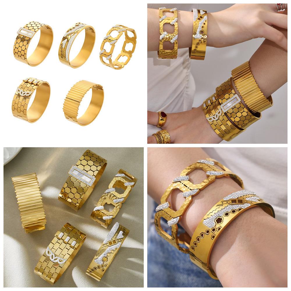 18K Gold Plated Honeycomb Pattern Stainless Steel Wide Bracelet with Zirconia Inlaid - European & American Fashion.