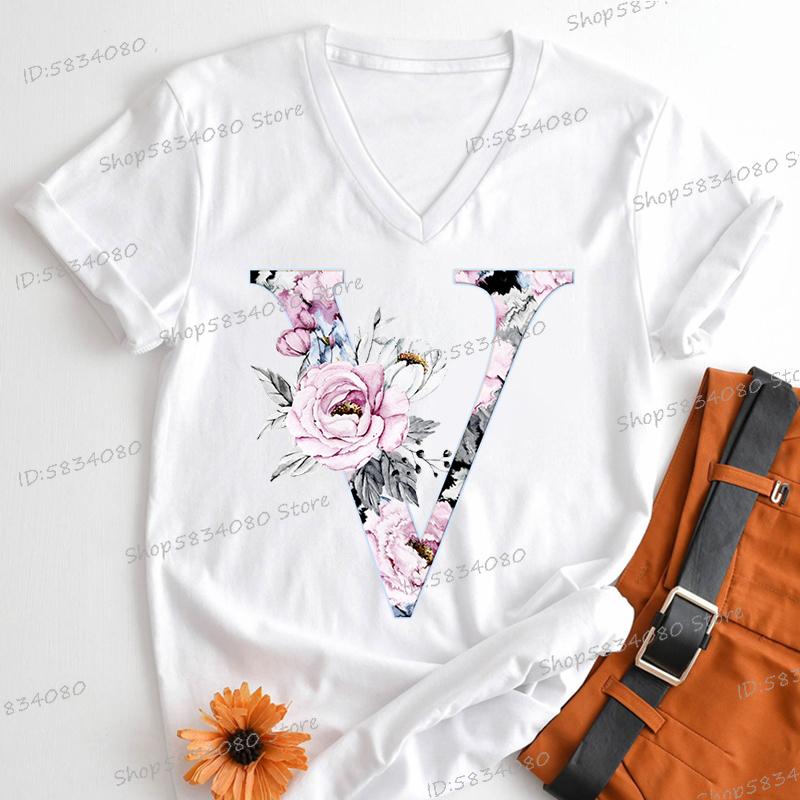 Watercolor Letter C Print Women Vneck Tshirts 26 Initials Flower Retro Classic Tops Alphabet Floral Womens Birthday Gift Tees