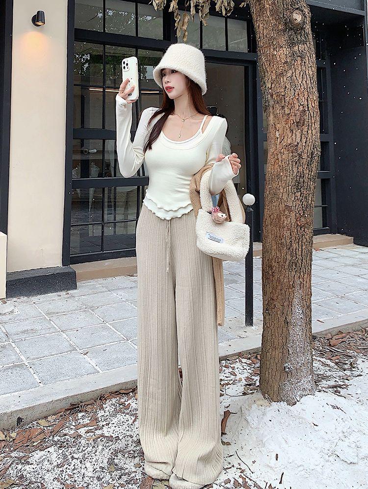 Pure Style Two-Piece Long-Sleeve Ruffle Top: Slim-Fit, Versatile Korean Fashion