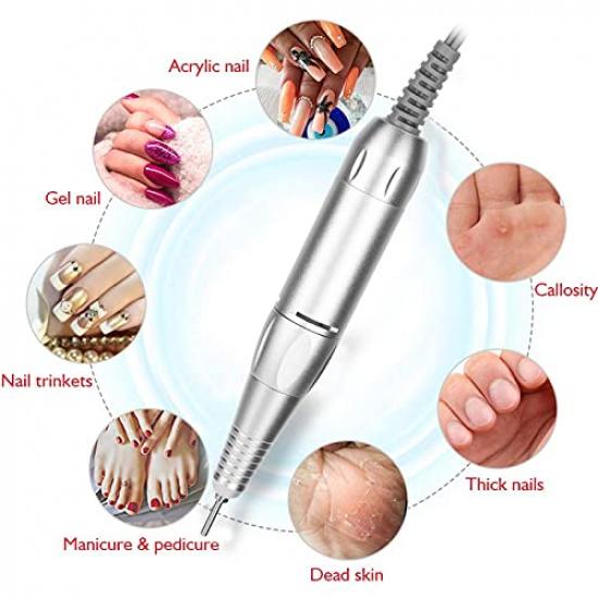 Nail Drill Handle, Electric Nail Drill Machine Replacement Handle, 0‑35000RPM Adjustable Rotating Speed, Electric Nail Grinder Polisher Kit,