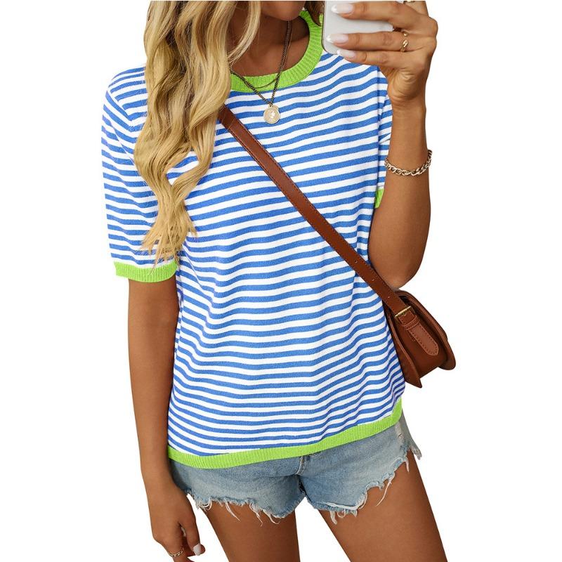 Dámský letní nový kulatý výstřih pruhovaný kolizní barvy krátký rukáv ležérní svetr