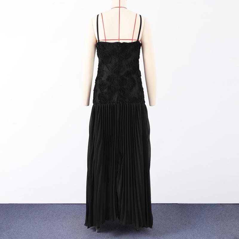 Women's Chiffon Dress Elegant White Backless 3D Flower Strap Dress Pleated A-line Patchwork Design Summer Beach Vacation Robe Evening Vestidos Dress