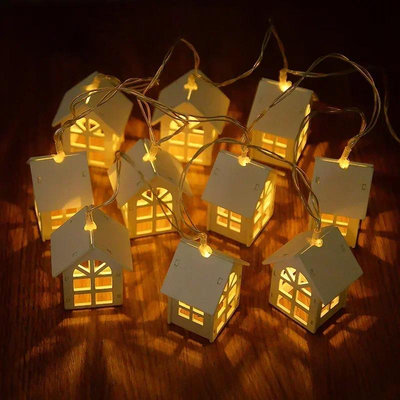 10LED 2M Christmas Wooden House LED Fairy Light String Home Hanging Garland Xmas Tree Ornaments Decoration Lamp 2025 New Year