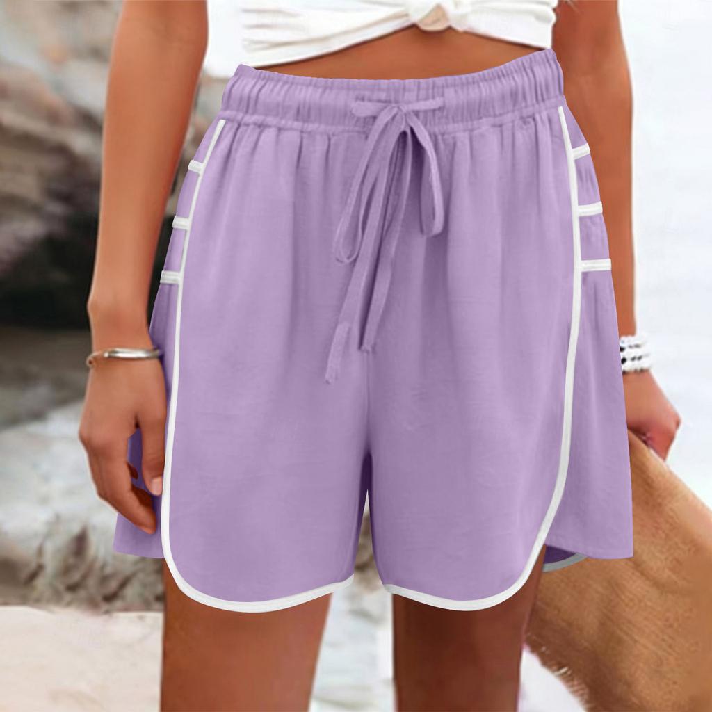 Women's Color Casual And Fashionable Drawstring Pocket Cotton And Linen Shorts