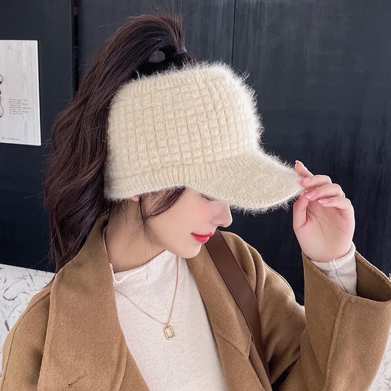 Women's Fleece-lined Wool Knitted Wide Brim Visor Hat for Autumn & Winter Sports