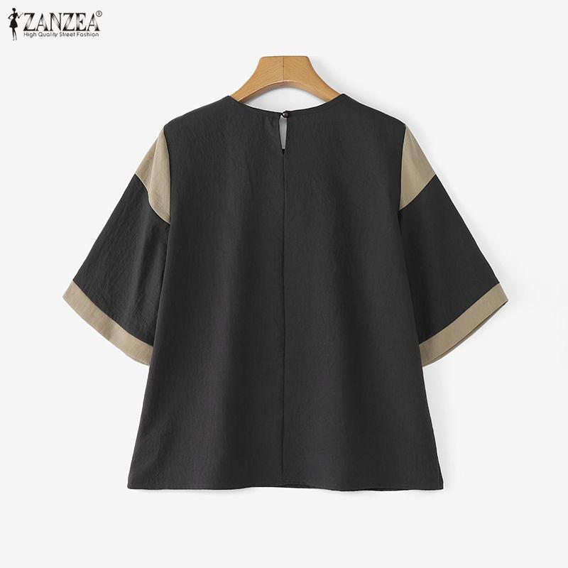 ZANZEA Women Casual Round Neck Loose Patchwork Half Sleeve Blouse