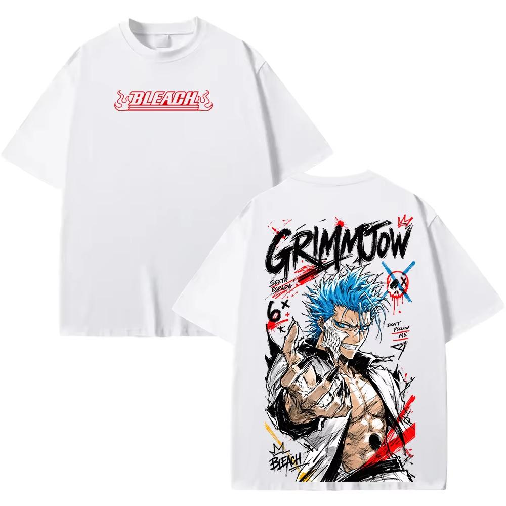 Bleach Anime Grimmjow T-Shirt, Lockeres Herren Kurzarm-T-Shirt, Vorder- und Rückseite Doppelprint Vintage Manga Muster Unisex Baumwoll-Oberteil