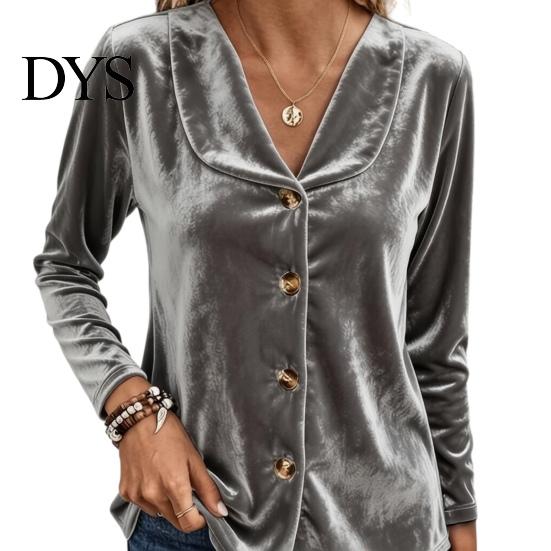 Women Velvet Blouse Fall Shirt, Button Down Long Sleeves Casual Top, Shirt Solid Color Loose for Daily Wear Work