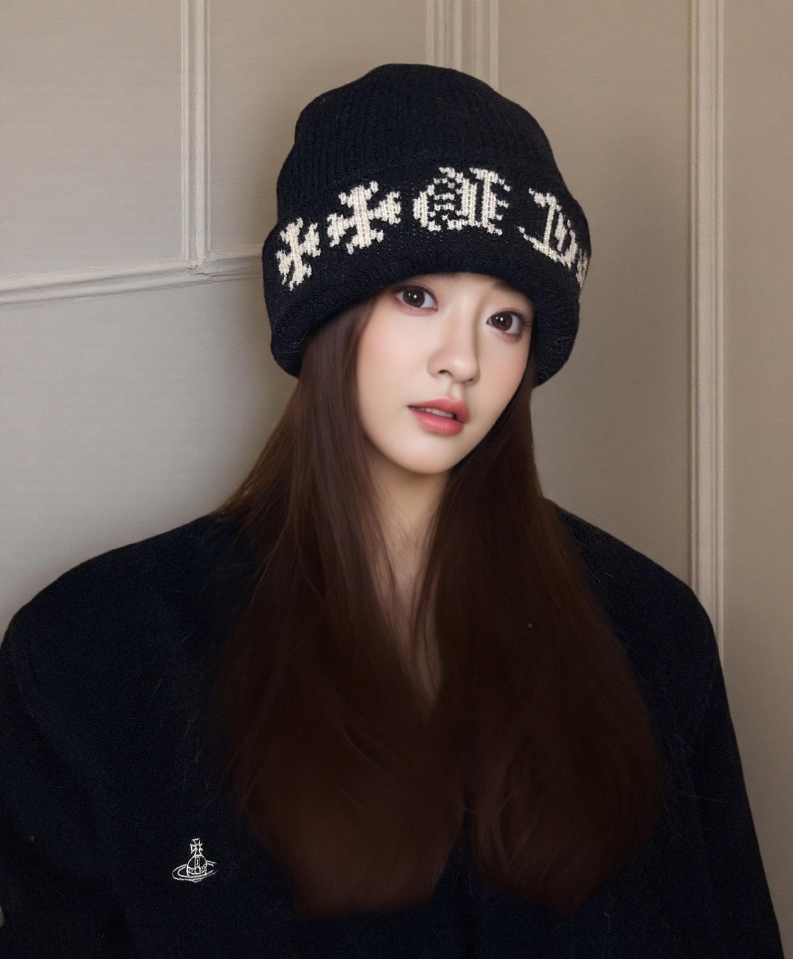 

2025 осень и зима новая двухслойная утолщенная теплая вязаная шапка детская защита ушей теплая большой окружности головы шапка бини прилив чёрный