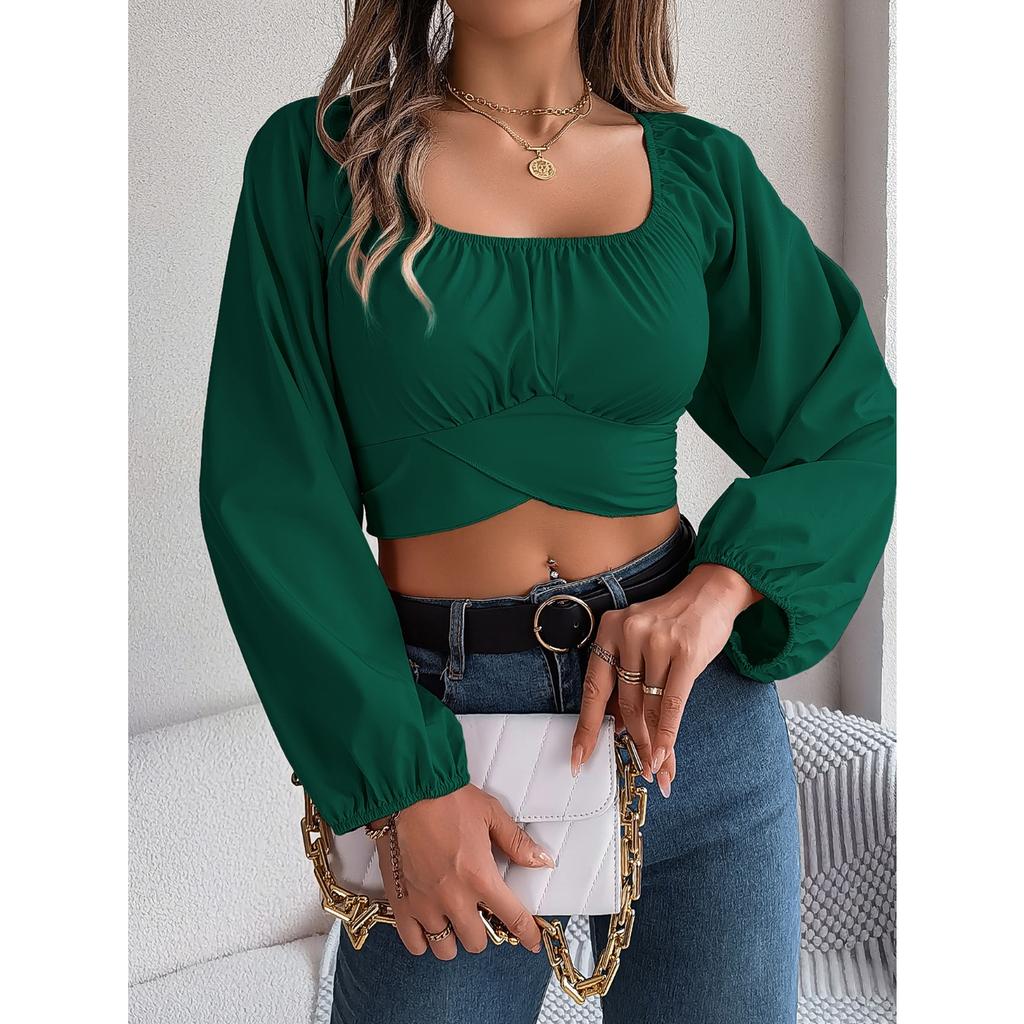 QICED Spring Summer Casual Lantern-sleeved, Lace-up, Waist-cinching Chiffon Blouse, Crop Top for Women