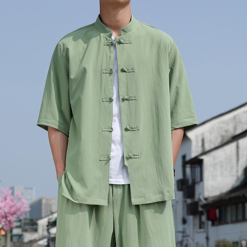 Koszula męska w stylu chińskim, letnia, z guzikami w kształcie dysku, z rękawami trzy czwarte, swobodna, ze stójką, w jednolitym kolorze, w dużych rozmiarach