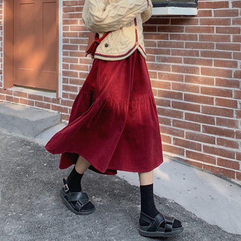 Autumn Winter Women's Burgundy Corduroy Midi Skirt Versatile Slim-Fit High Waist Plus-Size Asymmetrical Long Skirt
