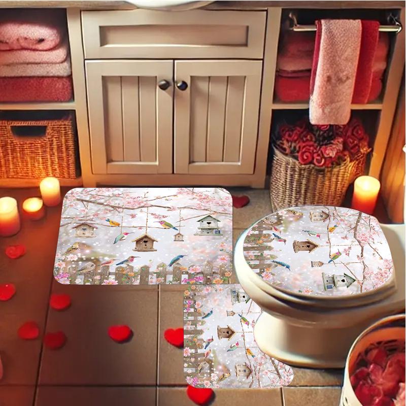 4Pcs Spring Floral Bird Shower Curtain Set with Non-Slip Bath Mat, Toilet Lid Cover, Contour Rug & 12 Hooks, Bathroom Decor