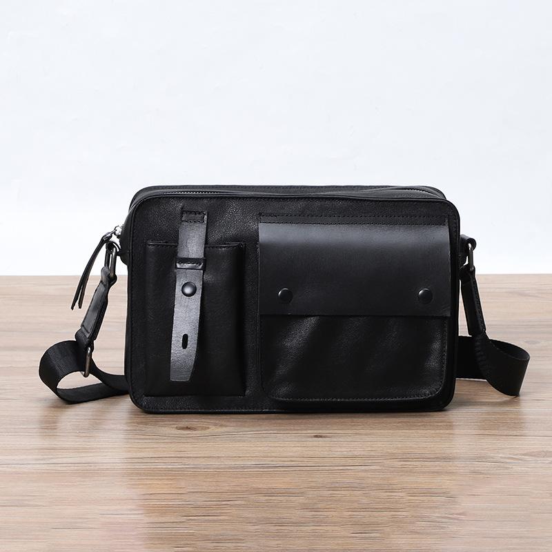 Vintage Leather Men Utility Crossbody Bag Multi Pocket Casual Messenger Bag L чёрный