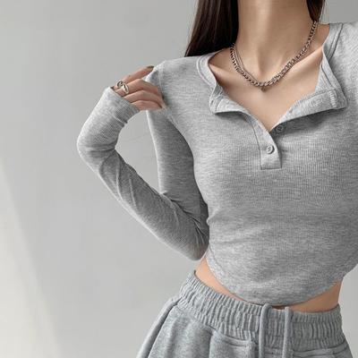 Sexy T-shirts Women Slim Y2k Trendy Tops Autumn Crop Popular Korean Style Button Long Sleeve Cute Camisetas Leisure Girlish