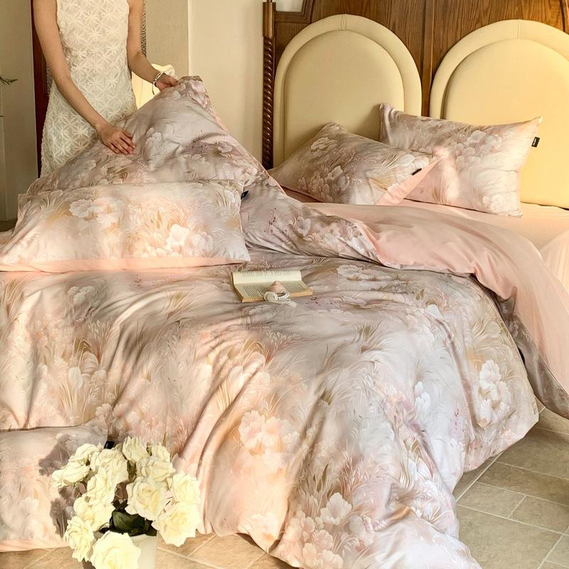 French Pastoral Oil Painting Style 100S Pure Cotton Satin Long-Staple Cotton Four-Piece Digital Printing Bedding