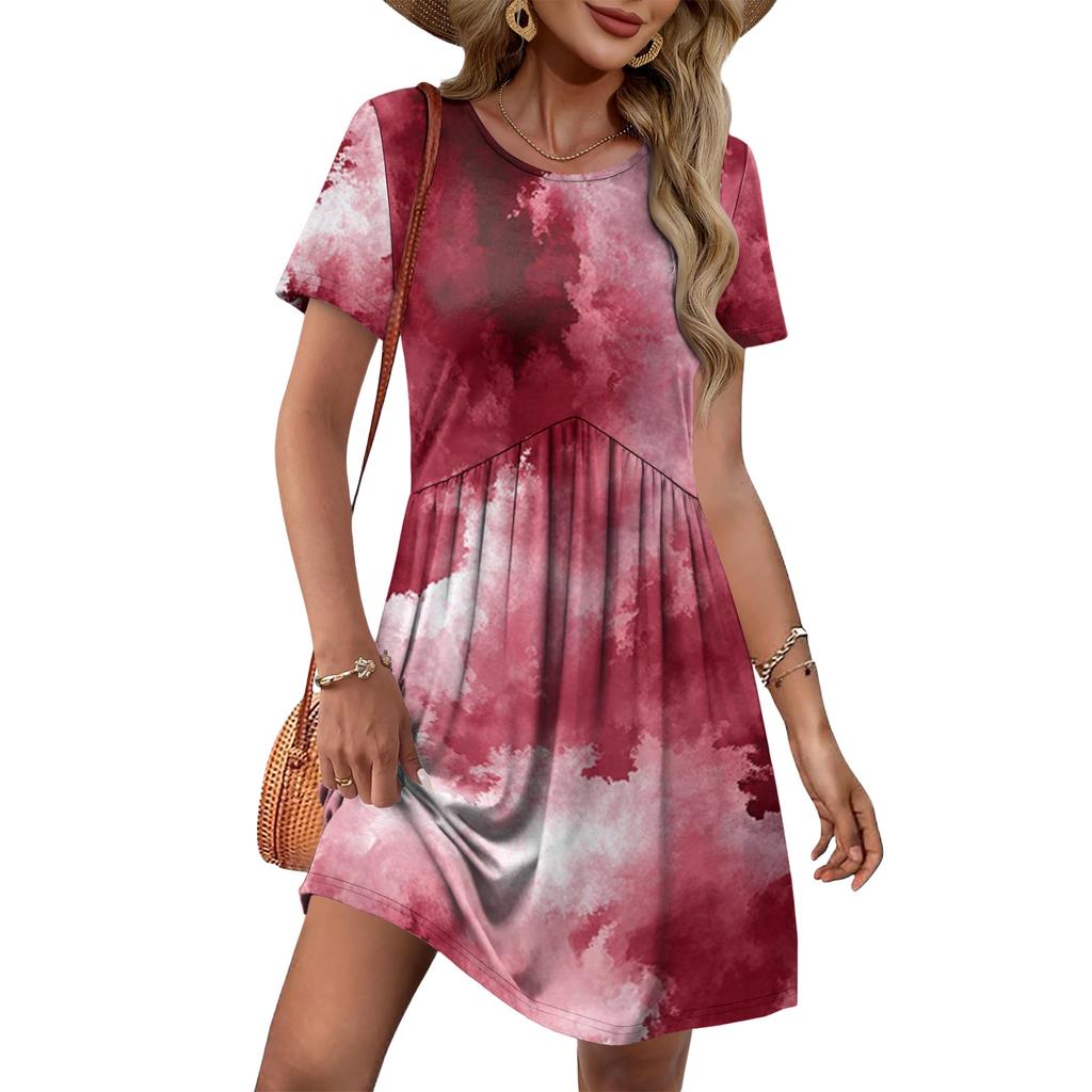 Women’s Short Sleeve Floral Print Casual Loose Fit Dress Crew Neck Soft Comfortable Fabric Summer Style Dress