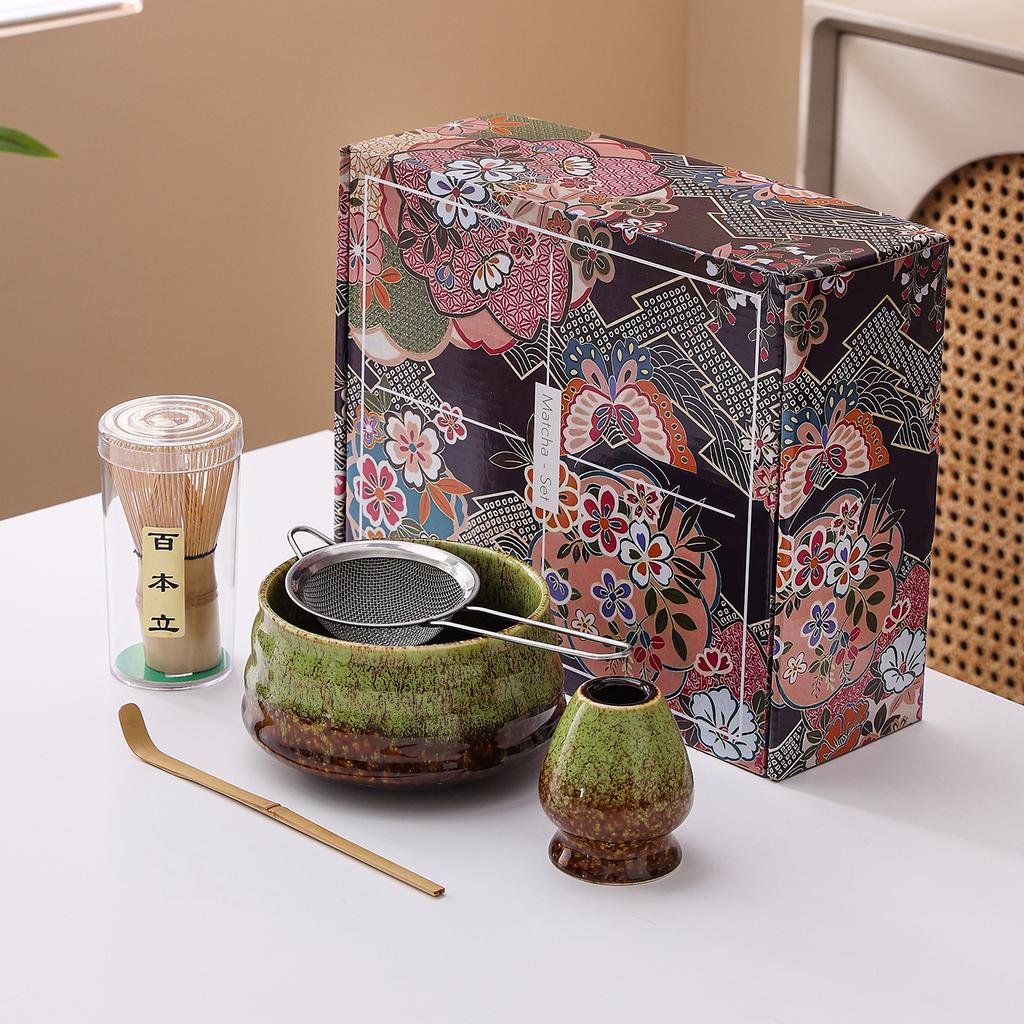 Japanese Matcha Tea Set Ceramic Chawan Bowl Whisk Holder Scoop Spoon Sieve Gift Traditional Tea Ceremony Kit for Home Restaurant