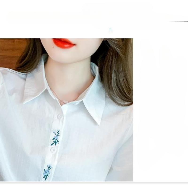 Women's Blue Shirt Autumn New Style Versatile Embroidered White Shirt Long Sleeve Top